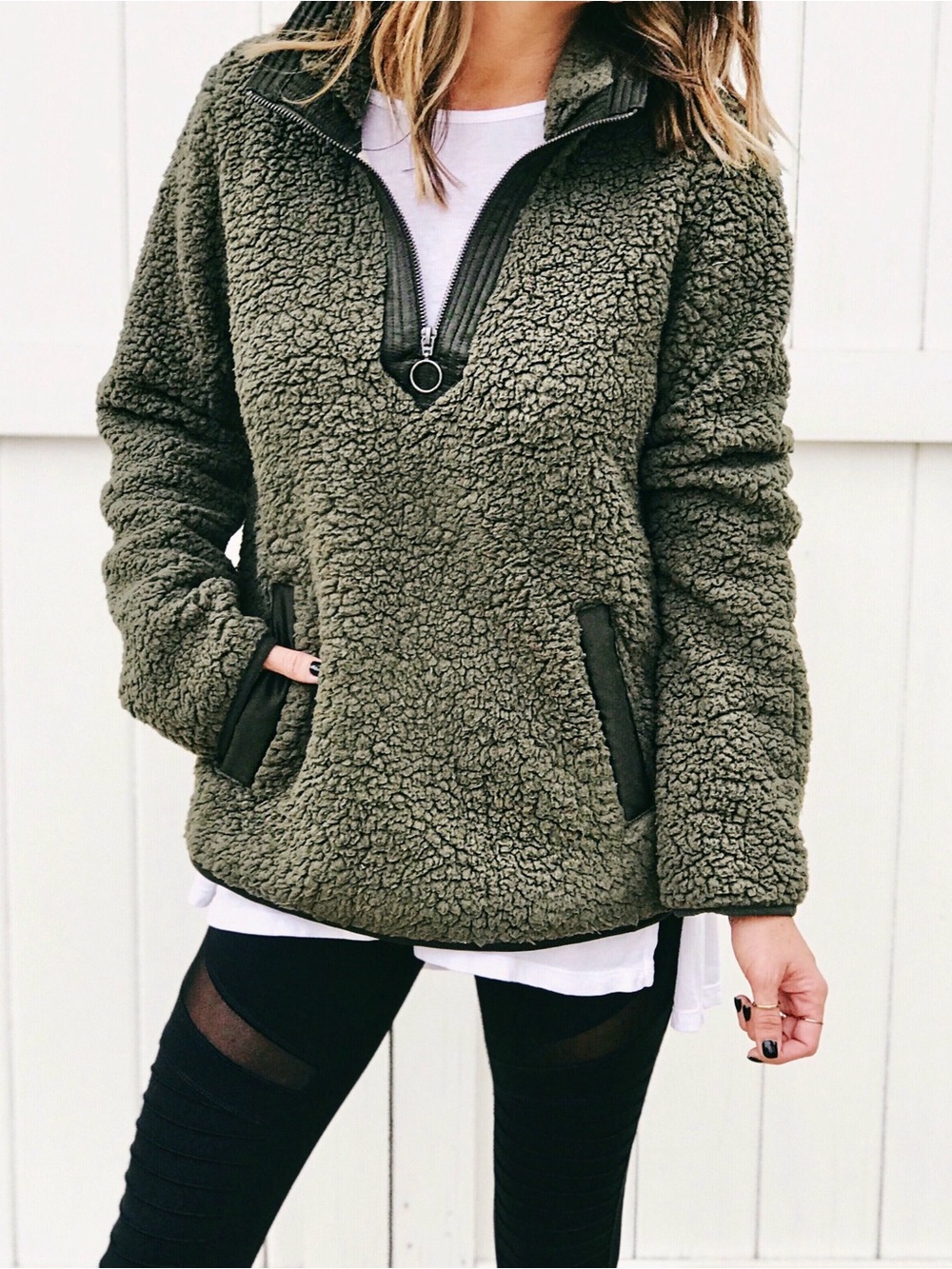 Abercrombie & Fitch Olive Green Teddy Quarter-Zip Pullover